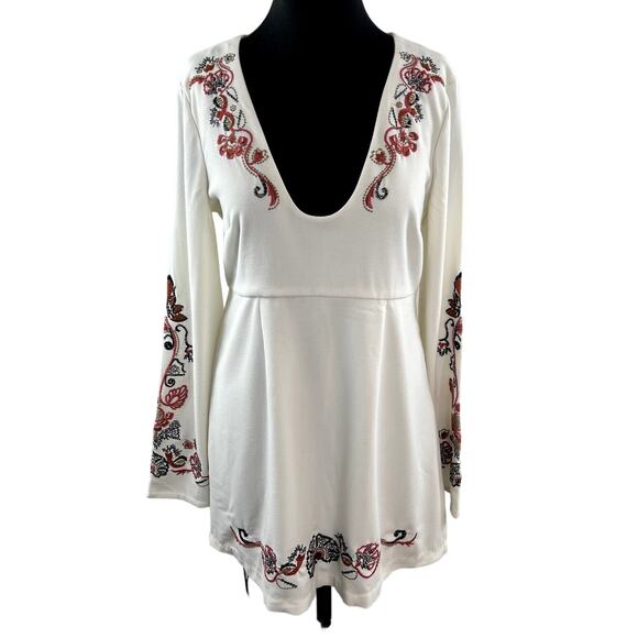 FREE PEOPLE Holiday Folk Mini Dress Ivory Combo Embroidered Flare Sleeve Boho 8 - Picture 1 of 12
